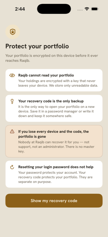 Raqib recovery-code screen explaining that Raqib cannot read or recover your portfolio and that the recovery code is the only backup